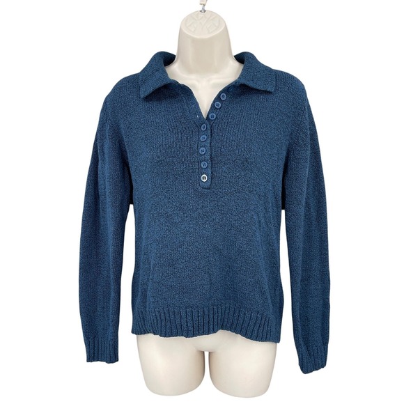 Academia Sweater Women Preppy Collared Henley Retro Y2K Knit Ribbed Blue Size S - Picture 1 of 10